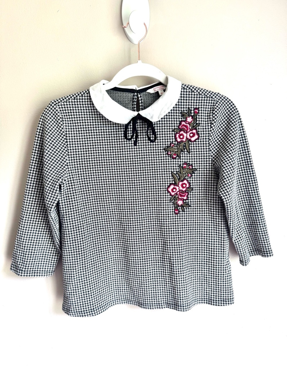 Clockhouse VTG Houndstooth The Neck Top Blouse Peter Pan Collar M